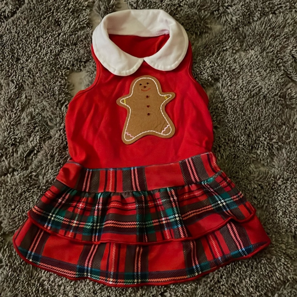 Dog Tank Dress Gingerbread Man with Plaid Skirt & Whit le Collar Size Med